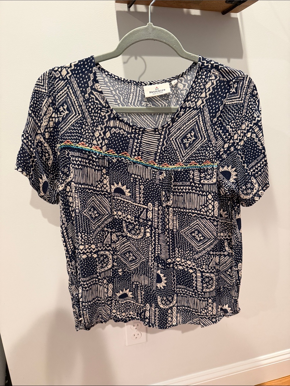 Passenger Navy and White Geometric Short Sleeve Blouse with Multicolor Trim